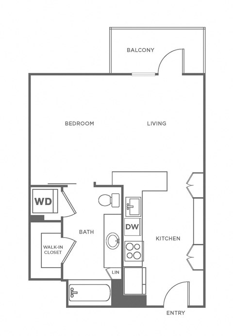 Floor plan for studio, 1 bath, 593 sqft