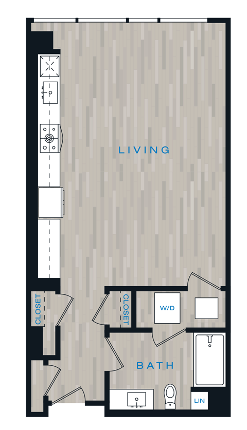 Floor plan for studio, 1 bath, 636 sqft
