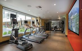 Seattle apartment for rent - fitness center with cardio equipment and large windows