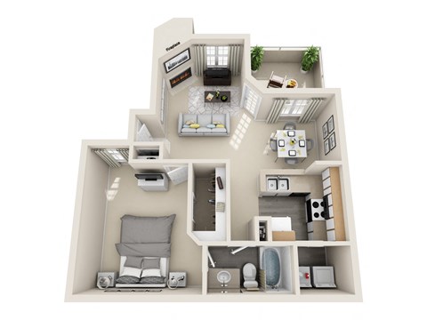 Floor plan for 1 bed, 1 bath, 717 sqft