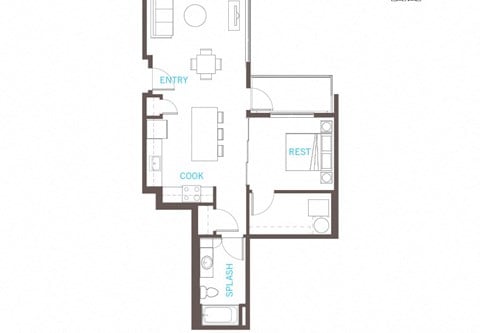 Floor plan for 1 bed, 1 bath, 723 sqft