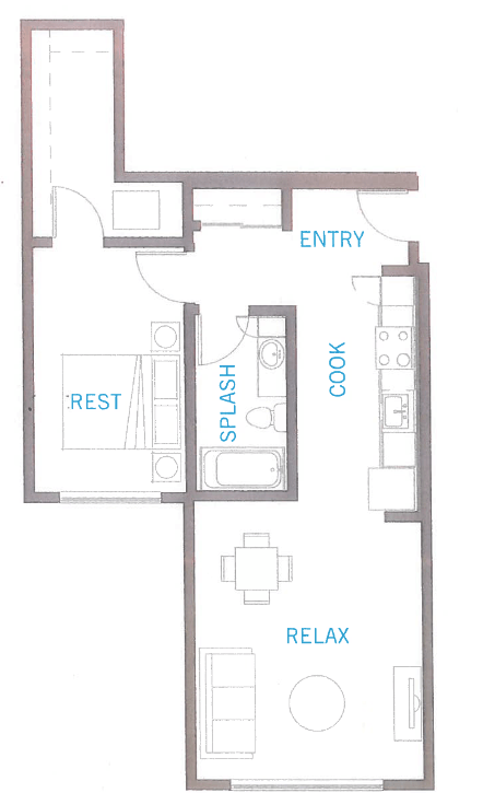 Floor plan for 1 bed, 1 bath, 743 sqft