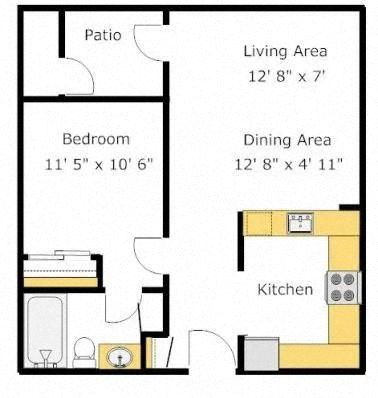 Floor plan for 1 bed, 1 bath, 600 sqft
