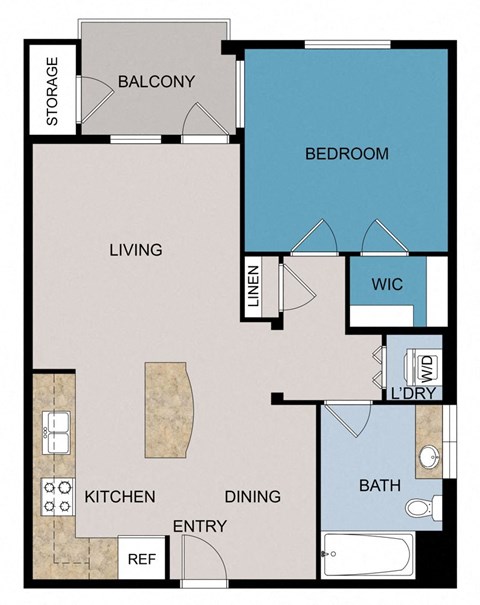 Floor plan for 1 bed, 1 bath, 732 sqft