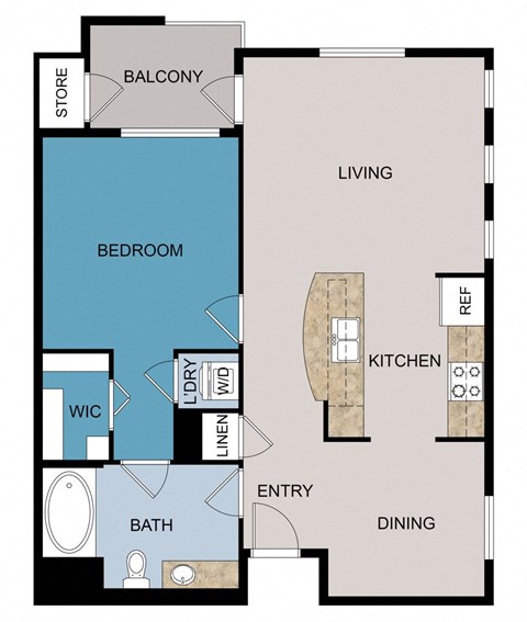 Floor plan for 1 bed, 1 bath, 788 sqft