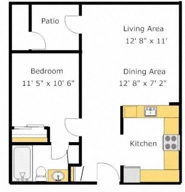 Floor plan for 1 bed, 1 bath, 616 sqft