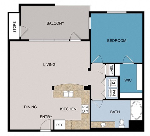 Floor plan for 1 bed, 1 bath, 878 sqft