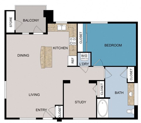 Floor plan for 1 bed, 1 bath, 968 sqft