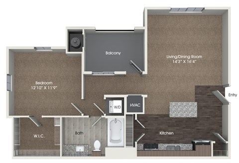 Floor plan for 1 bed, 1 bath, 840 sqft