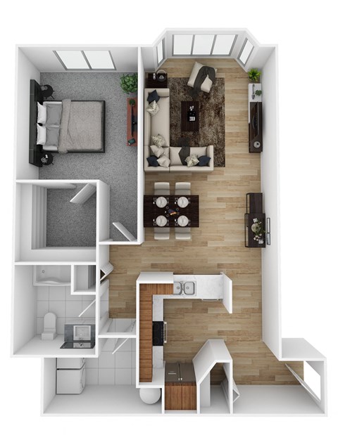 Floor plan for 1 bed, 1 bath, 858 sqft