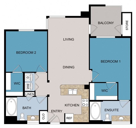 Floor plan for 2 beds, 2 baths, 1097 sqft