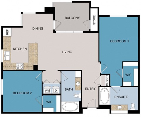 Floor plan for 2 beds, 2 baths, 1191 sqft