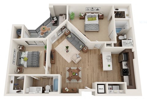 Floor plan for 2 beds, 2 baths, 1055 sqft