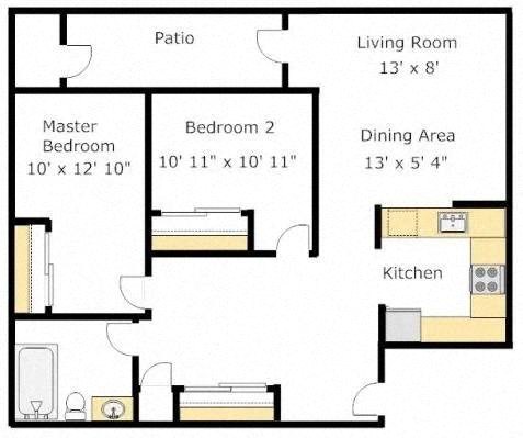 Floor plan for 2 beds, 1 bath, 883 sqft