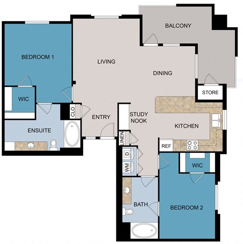 Floor plan for 2 beds, 2 baths, 1306 sqft