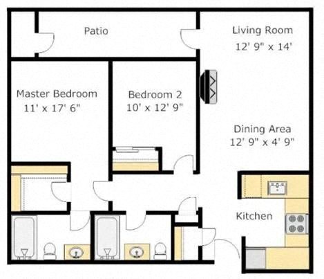 Floor plan for 2 beds, 2 baths, 910 sqft
