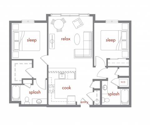 Floor plan for 2 beds, 2 baths, 969 sqft