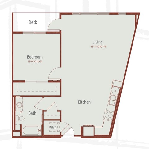 Floor plan for 1 bed, 1 bath, 731 sqft