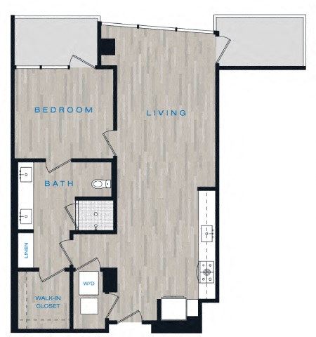 Floor plan for 1 bed, 1 bath, 768 sqft