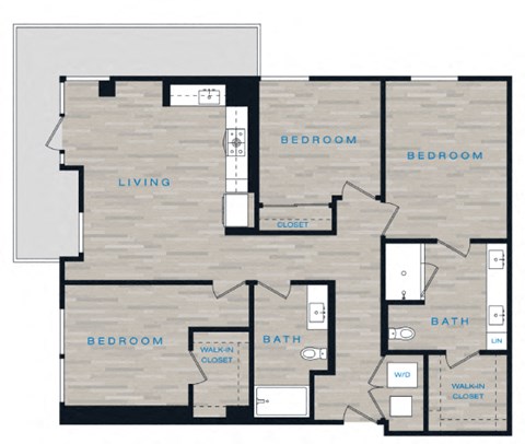 Floor plan for 3 beds, 2 baths, 1261 sqft