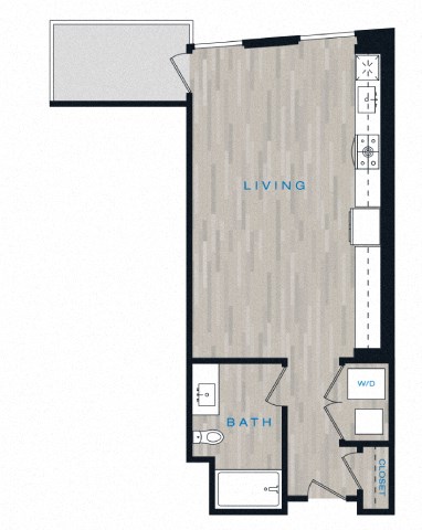 Floor plan for studio, 1 bath, 588 sqft
