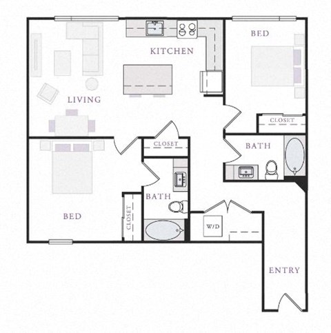 Floor plan for 2 beds, 2 baths, 1024 sqft