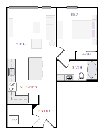 Floor plan for 1 bed, 1 bath, 743 sqft