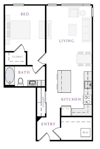 Floor plan for 1 bed, 1 bath, 764 sqft