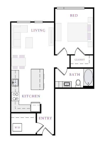 Floor plan for 1 bed, 1 bath, 720 sqft