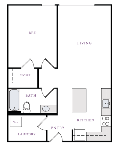 Floor plan for 1 bed, 1 bath, 731 sqft