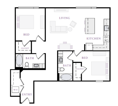 Floor plan for 2 beds, 2 baths, 1118 sqft