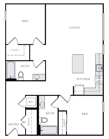Floor plan for 2 beds, 2 baths, 1121 sqft