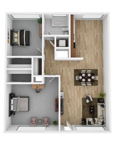 Floor plan for 2 beds, 1 bath, 700 sqft