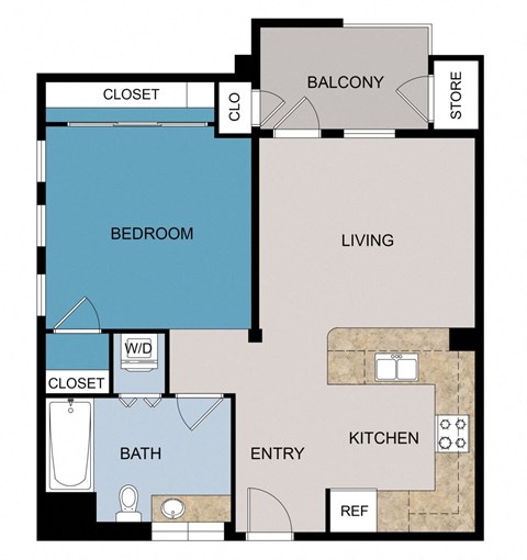 Floor plan for studio, 1 bath, 603 sqft