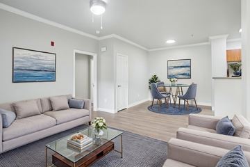 Tracy apartment for rent - A living room with a grey sofa, a glass coffee table, and a painting of a beach scene on the wall.