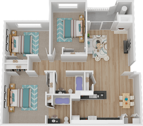 Floor plan for 3 beds, 2 baths, 1256 sqft