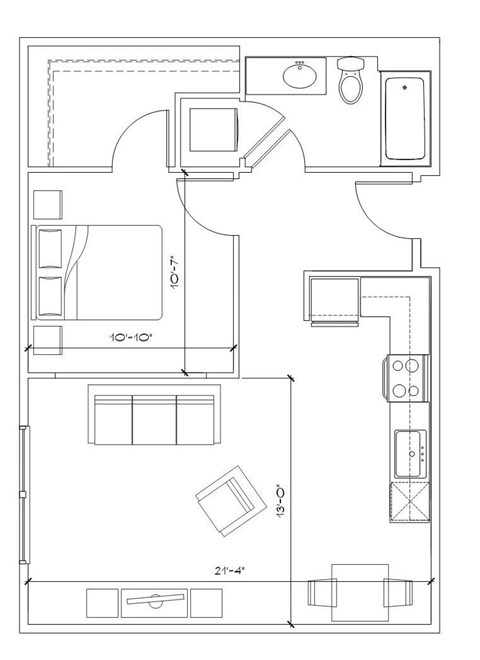 Floor plan for 1 bed, 1 bath, 686 sqft