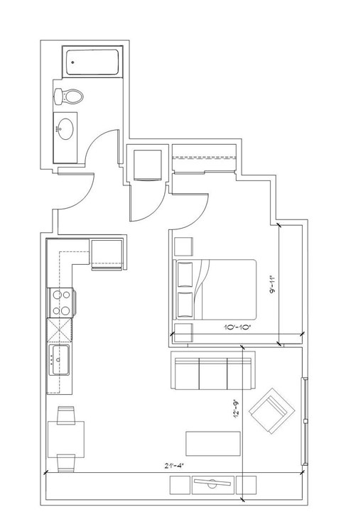 Floor plan for 1 bed, 1 bath, 696 sqft