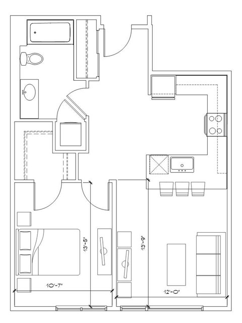 Floor plan for 1 bed, 1 bath, 724 sqft