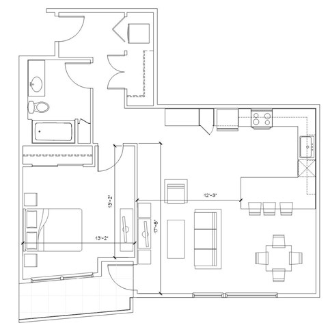 Floor plan for 1 bed, 1 bath, 913 sqft