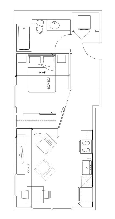 Floor plan for 1 bed, 1 bath, 543 sqft