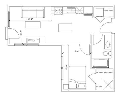 Floor plan for 1 bed, 1 bath, 590 sqft