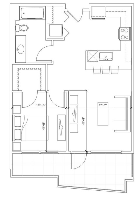 Floor plan for 1 bed, 1 bath, 678 sqft