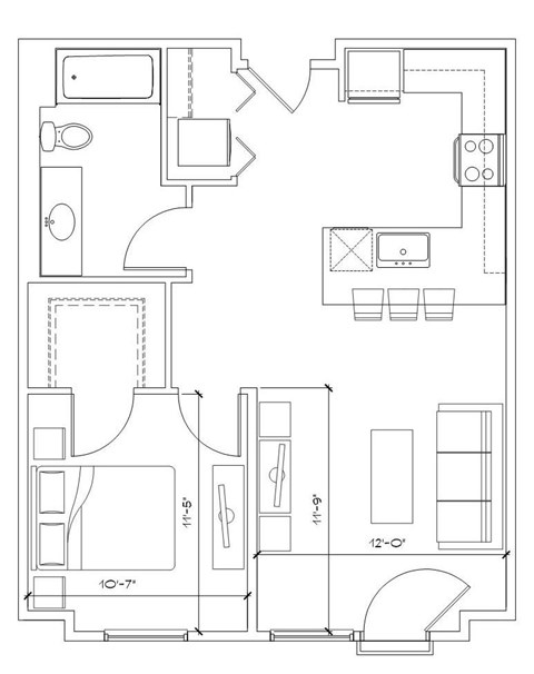 Floor plan for 1 bed, 1 bath, 744 sqft