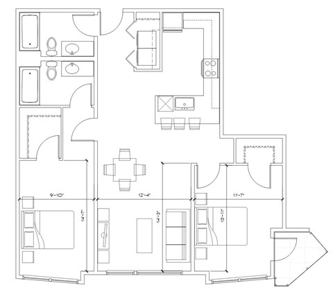 Floor plan for 2 beds, 2 baths, 1106 sqft