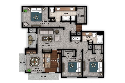 Floor plan for 3 beds, 2 baths, 1709 sqft