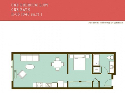 Floor plan for 1 bed, 1 bath, 648 sqft