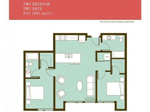 Floor plan for 2 beds, 2 baths, 981 sqft