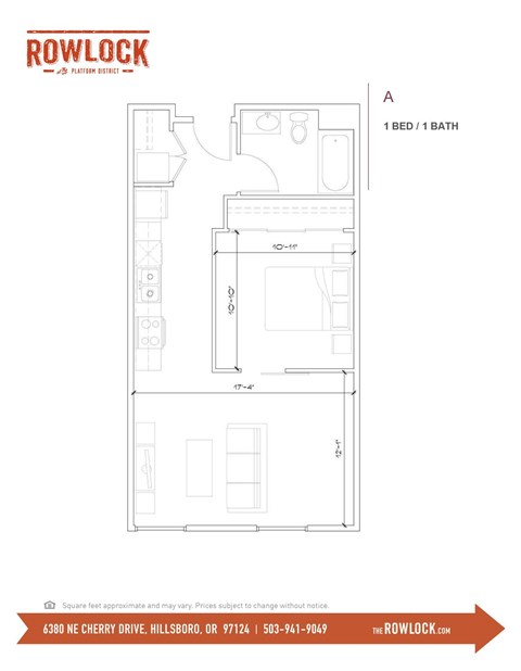 Floor plan for 1 bed, 1 bath, 597 sqft