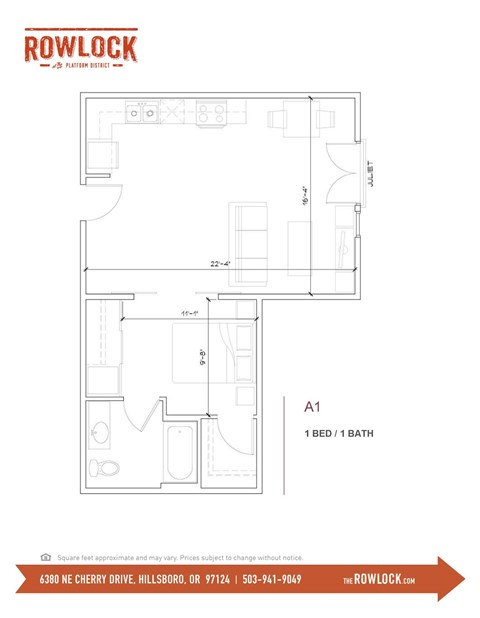 Floor plan for 1 bed, 1 bath, 651 sqft